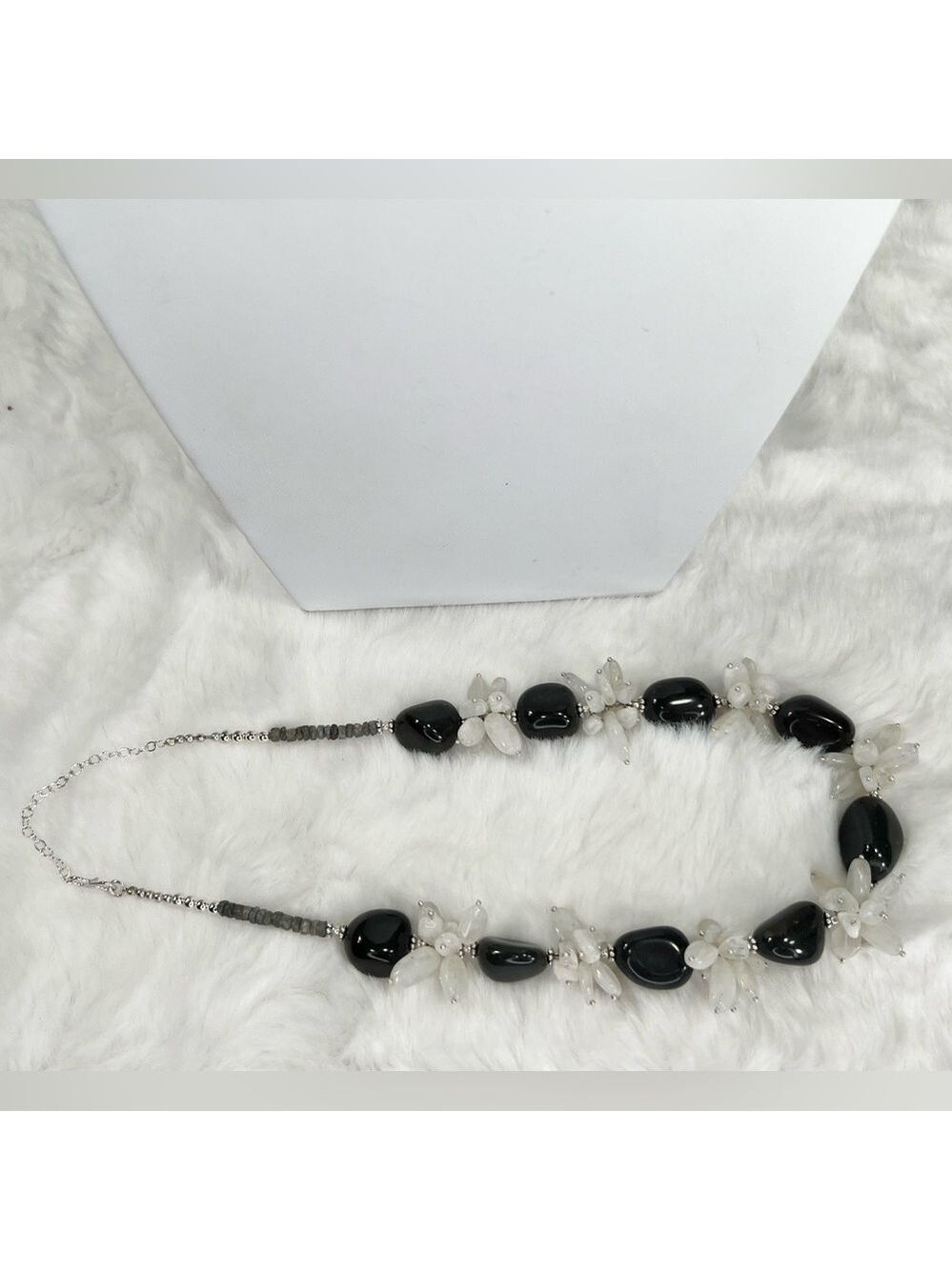 Silver Sheen Obsidian & Moonstone 925 Chunky Beaded Gemstone Necklace & Earrings - Picture 5 of 9